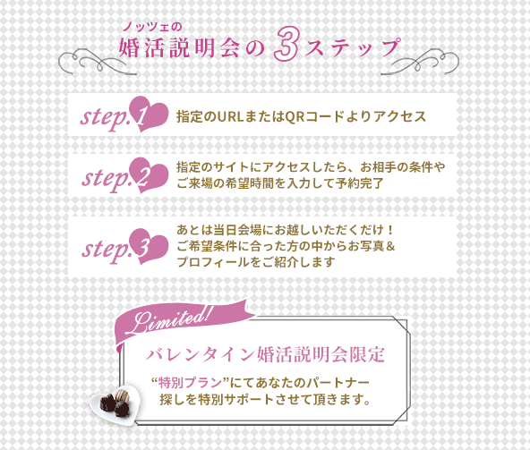 バレンタイン婚活説明会3ステップ特別プランにてあなたのパートナー探しをサポート
